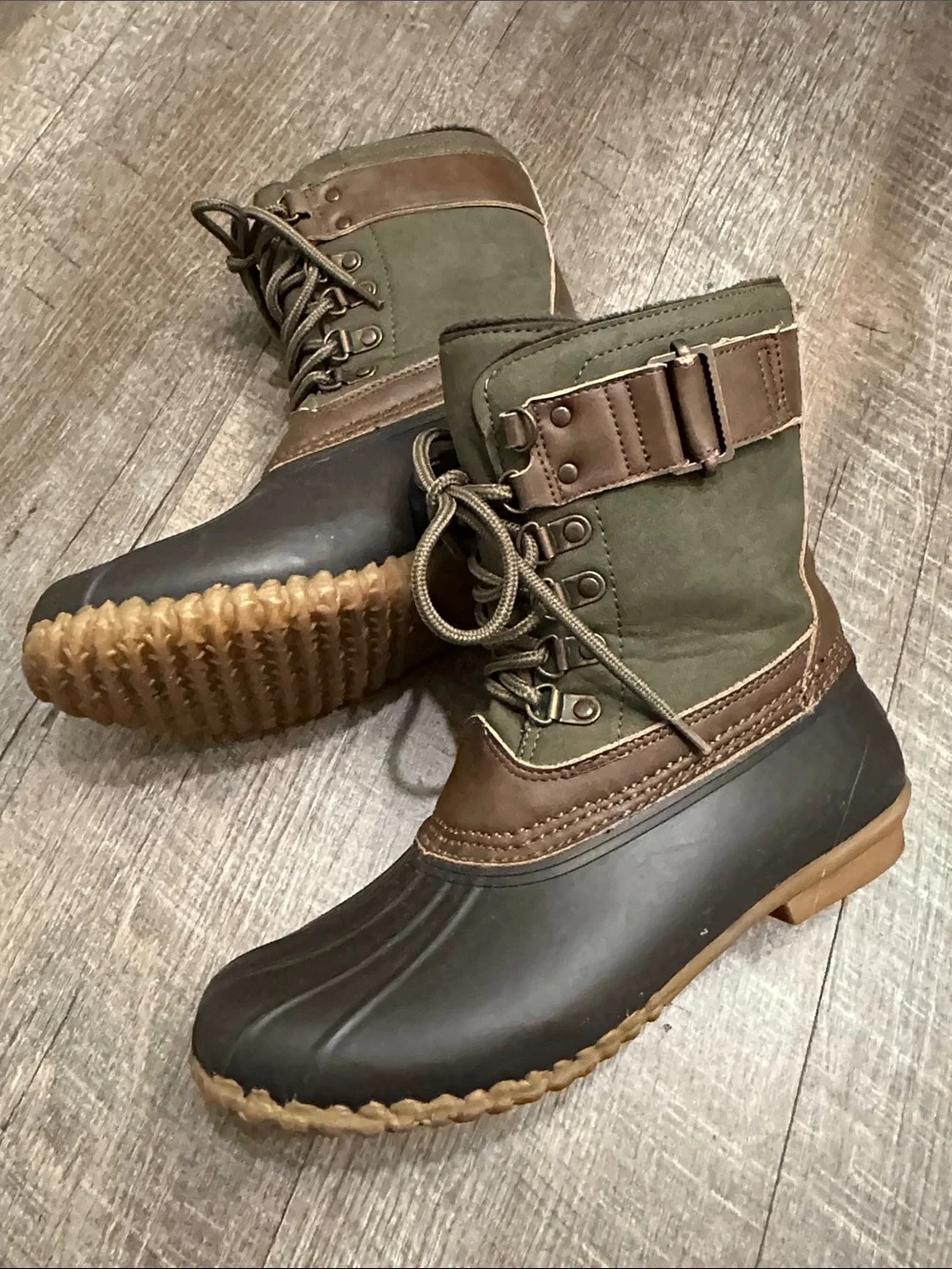 JBU Olive Green & Brown Waterproof Duck Boots 6.5
